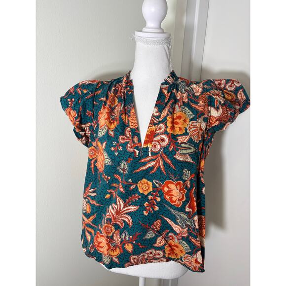 Ulla Johnson Orange Teal Cap Sleeve V-Neck Cotton Top Sz 2 - Picture 1 of 4
